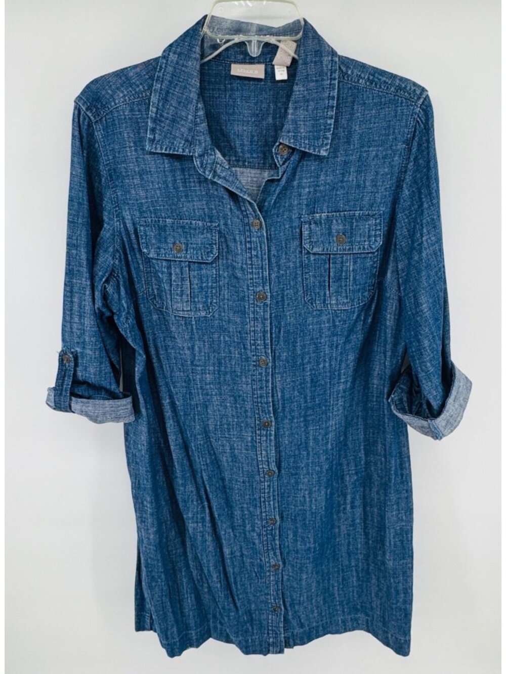 Chicos Denim Look Chambray Shirt Dress Size 1 Button Front Roll Tab Sleeves